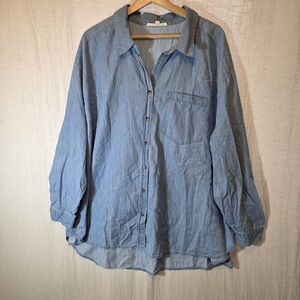 Jane + Delancey Womens 3X Chambray Button Up Top Star Embroidery High Low Tunic